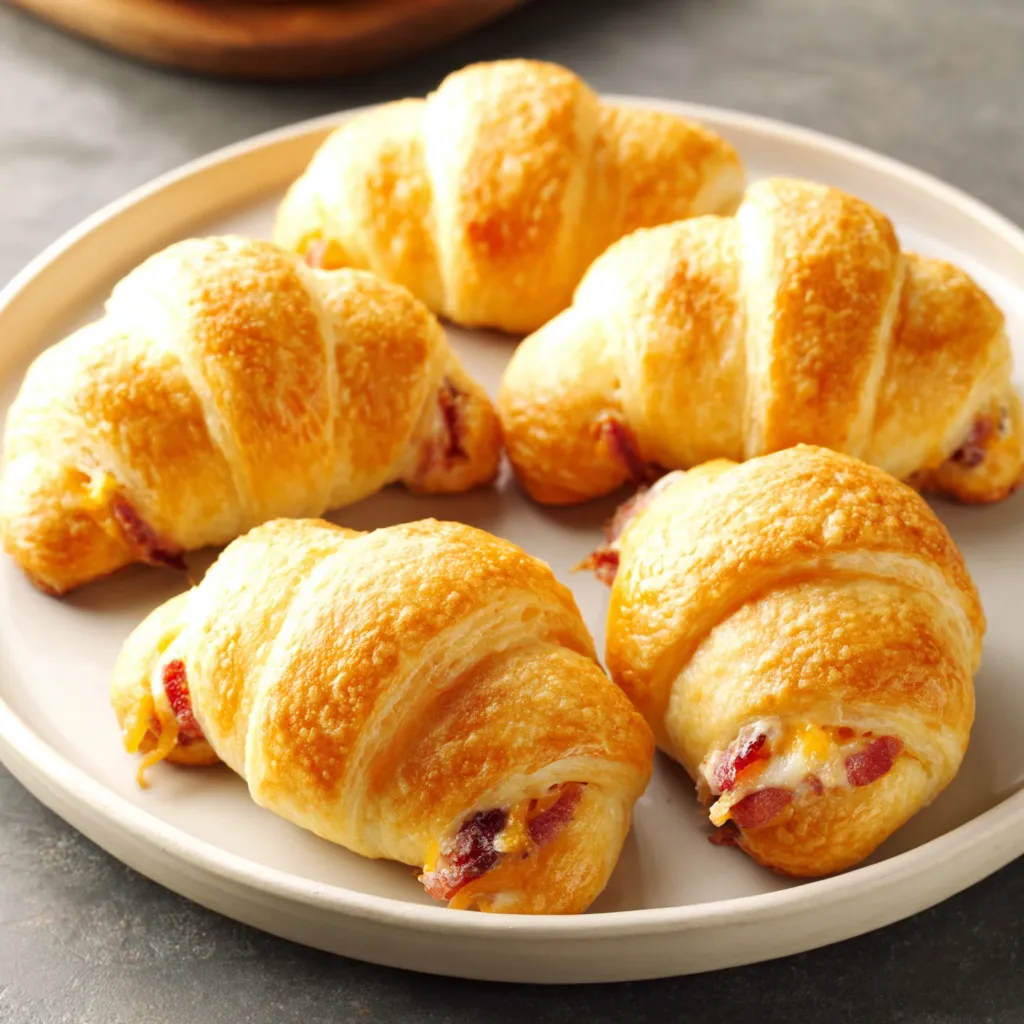 Close-up of flaky, golden-brown Cranberry Cream Cheese Crescent Bites arranged on a plate, showcasing their sweet and savory filling.