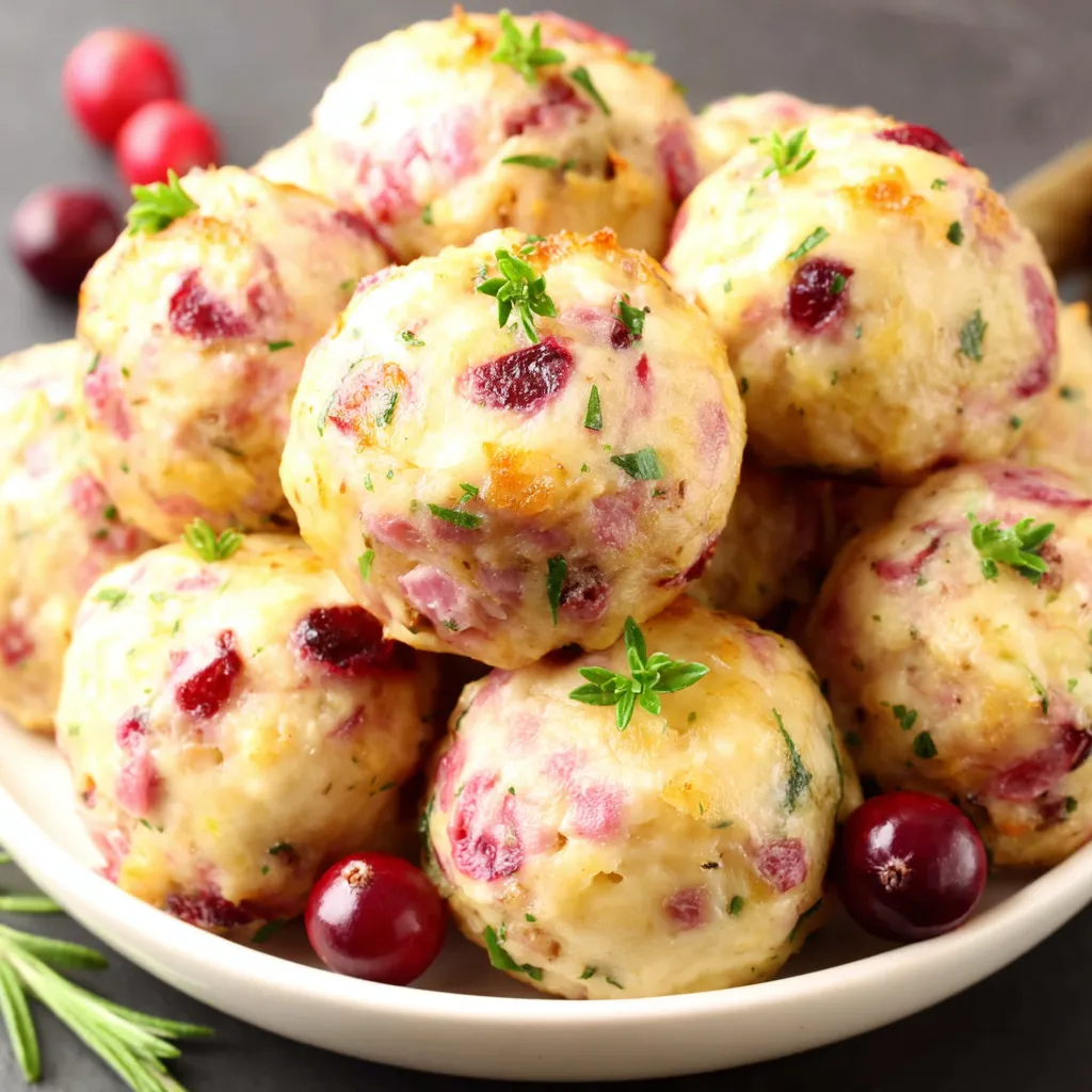 Close-up view of delicious Cranberry Turkey Stuffing Bites, perfect for holiday appetizers.