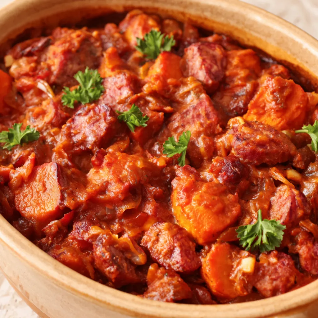 Crockpot Sausage Casserole Recipe Close-up of a cooked and bubbly Creamy Crockpot Sausage Casserole in a slow cooker, ready to be served.
