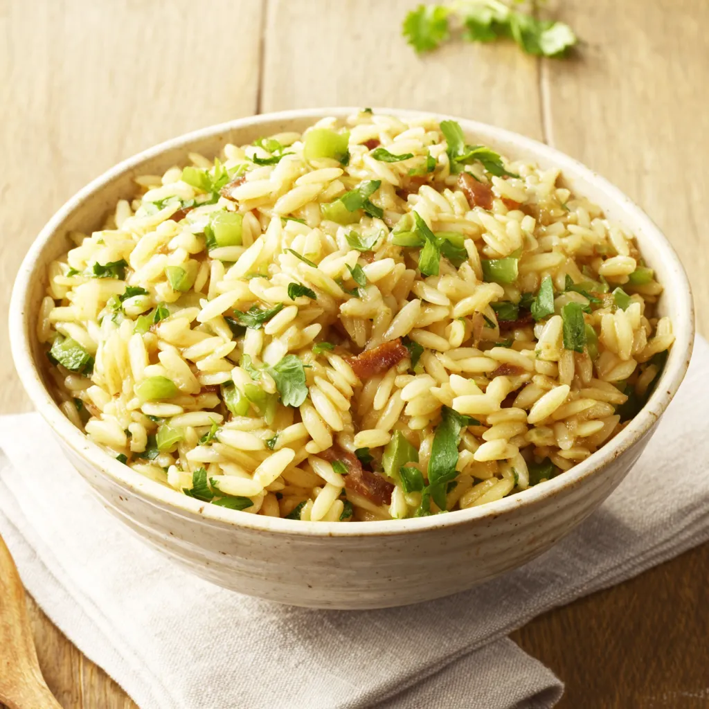Creamy Orzo Recipe Closeup Close-up shot of a bowl of delicious Creamy Orzo, showcasing its creamy texture and vibrant ingredients.