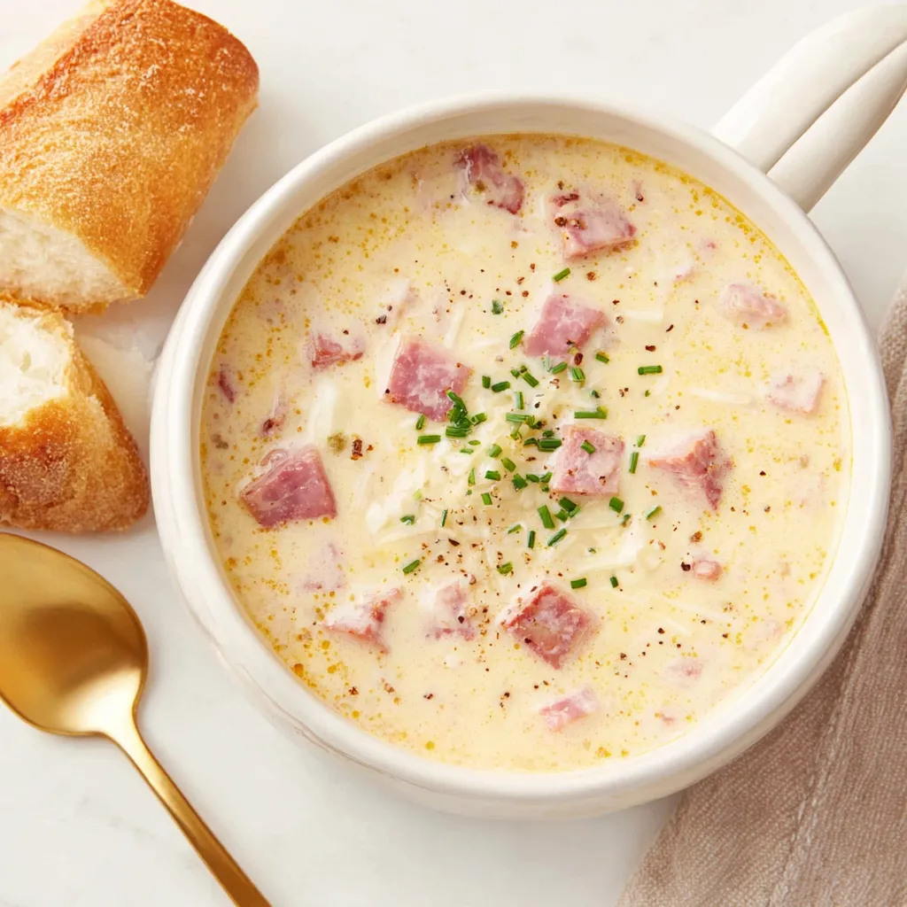 A close-up shot of creamy Reuben Soup in a bowl, showcasing its texture and inviting appearance.