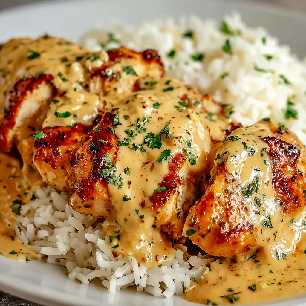 Creamy Chicken & Rice Recipe Close-Up Creamy Smothered Chicken And Rice, served in a baking dish, is shown close-up with a creamy sauce and visible rice grains.