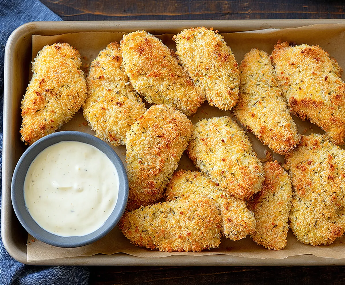 Close-up shot of Crispy Dill Pickle Parmesan Chicken showing its crispy texture and cheesy topping.