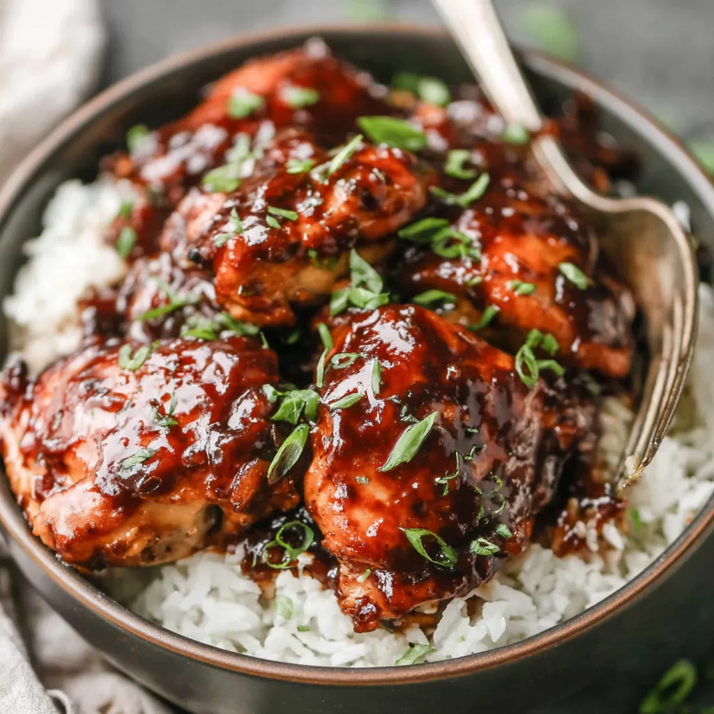 Crock Pot Bourbon Chicken Recipe Close-up view of cooked Crock Pot Bourbon Chicken, ready to serve.