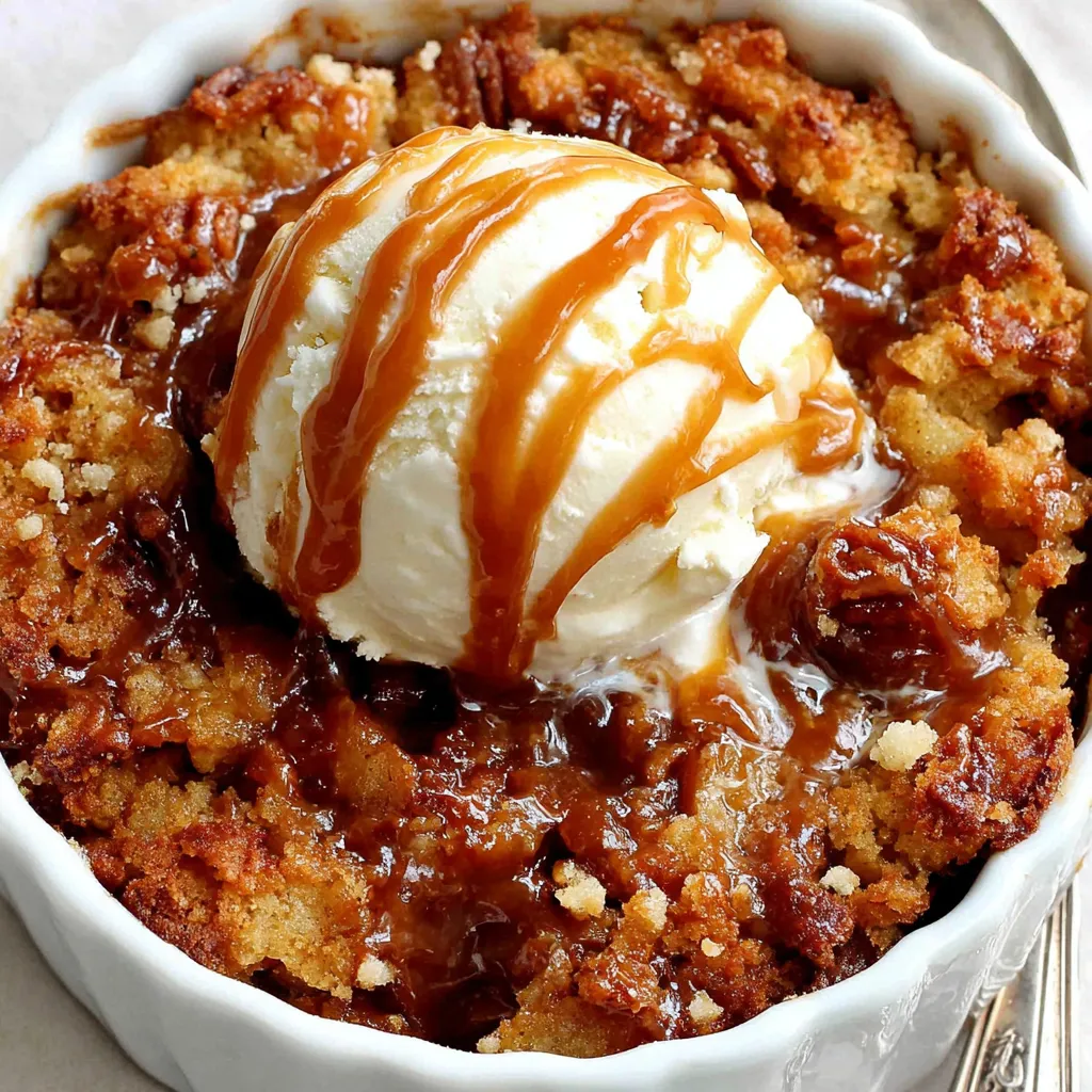 Easy Crockpot Caramel Apple Dump Cake Close-up view of a delicious slice of Crockpot Caramel Apple Dump Cake, showcasing its gooey caramel topping and soft apple filling.