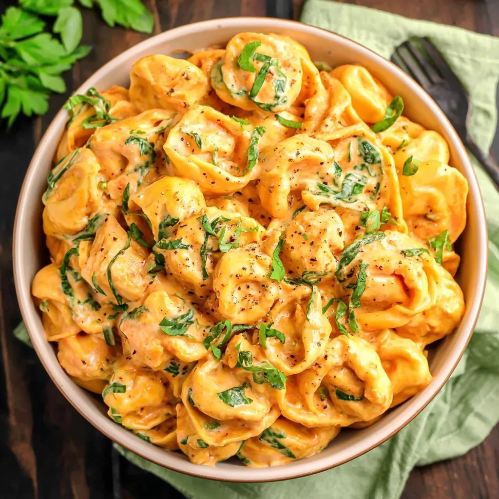 CrockPot Chicken Tortellini Recipe Close-up shot of creamy CrockPot Chicken Tortellini in a bowl, ready to be served.