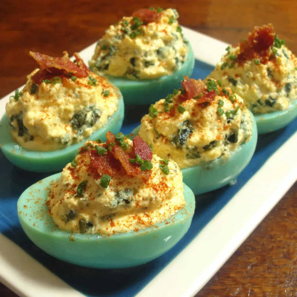 A close-up shows a beautifully arranged plate of Dragon Devilish Eggs, highlighting their spicy and colorful presentation.