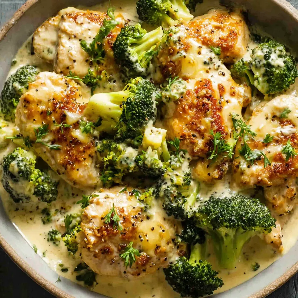 Close-up shot of delicious Broccoli Cheddar Chicken, showcasing the creamy cheese sauce and tender broccoli florets.