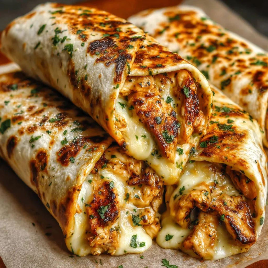 Cheesy Garlic Chicken Wrap Recipe Close-up of delicious Cheesy Garlic Chicken Wraps, showcasing the melted cheese and tender chicken filling.