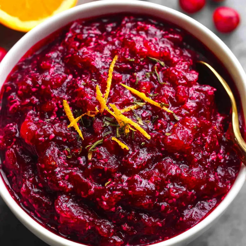 Close-up shot showcasing the texture and vibrant color of homemade Cranberry Orange Sauce.