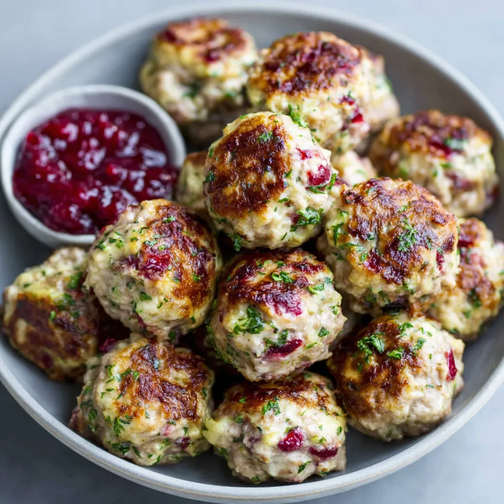 Cranberry Turkey Stuffing Balls Recipe Close-up view of golden-brown Cranberry Turkey Stuffing Balls, showcasing their savory filling and festive appeal.