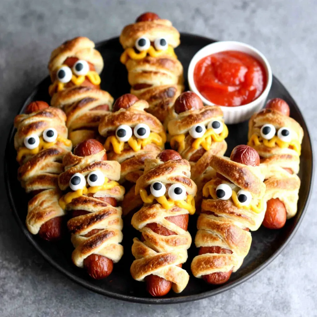 Close-up view showcasing the delicious detail of finished Mummy Hot Dogs, perfect for a Halloween treat.