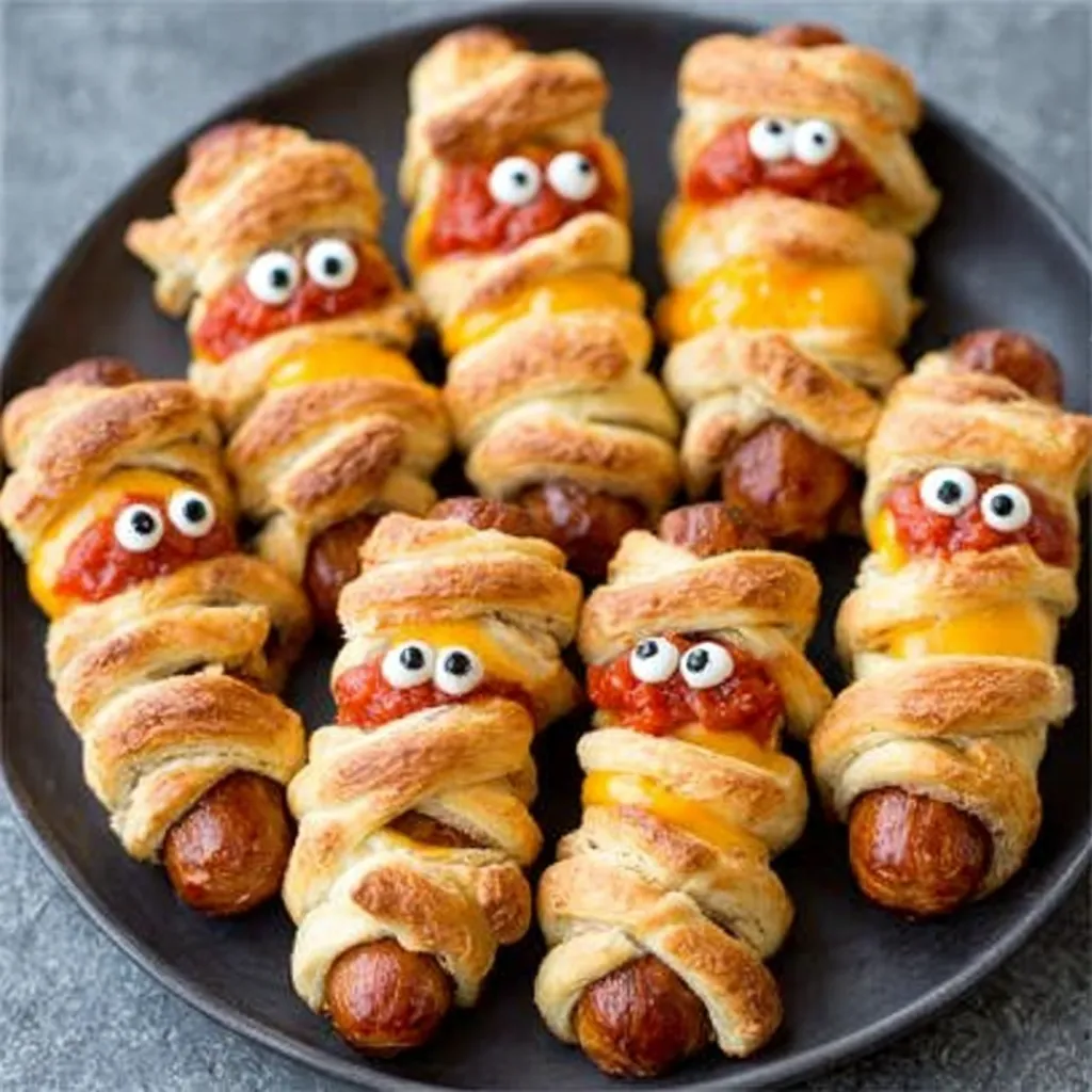 Another view of spooky and delicious Mummy Hot Dogs, a fun Halloween treat.