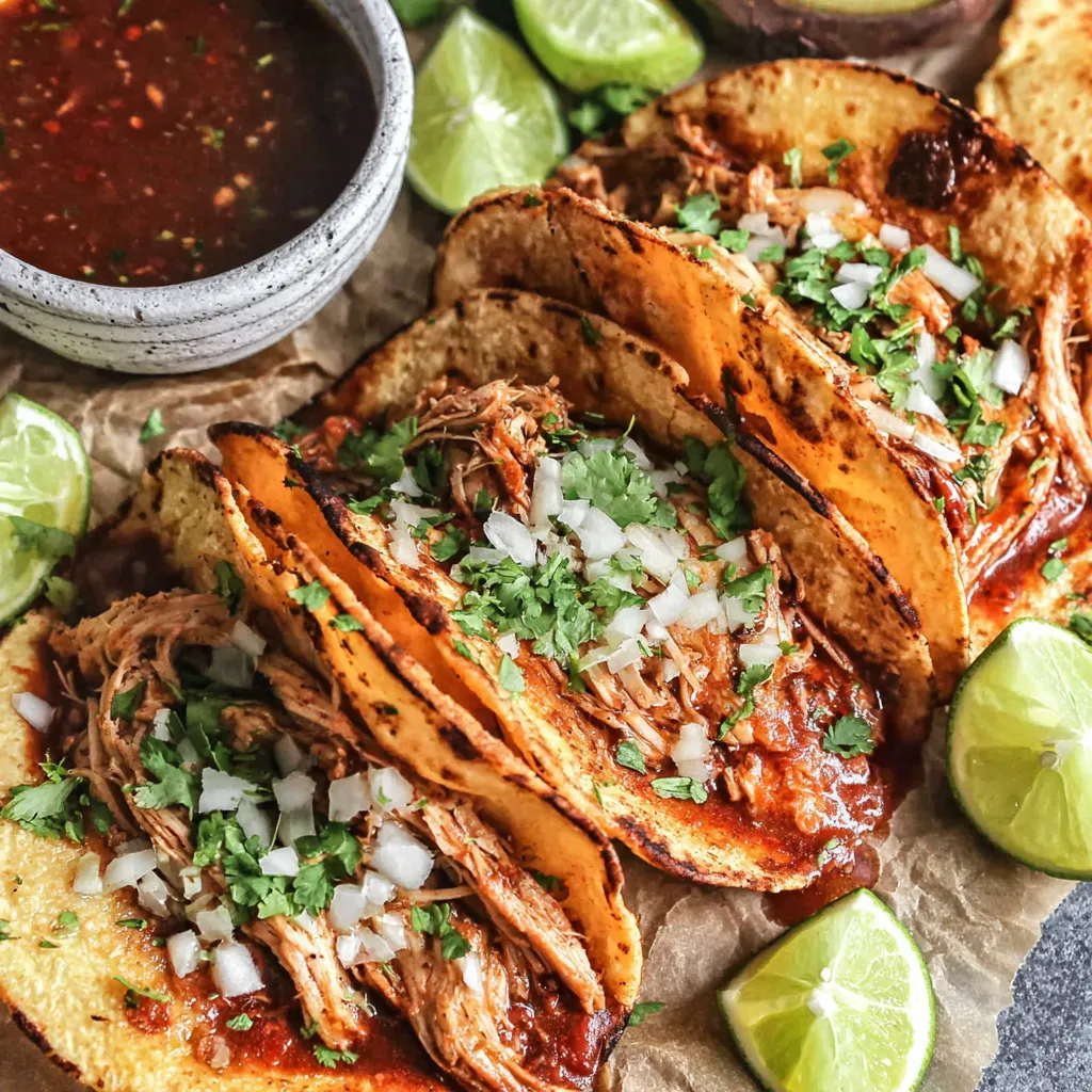 Close-up of Slow Cooker Chicken Birria Tacos with shredded chicken and melted cheese, ready to be served.