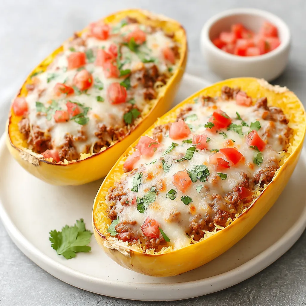 A close-up shot of freshly baked Stuffed Spaghetti Squash Boats, showcasing the delicious filling.