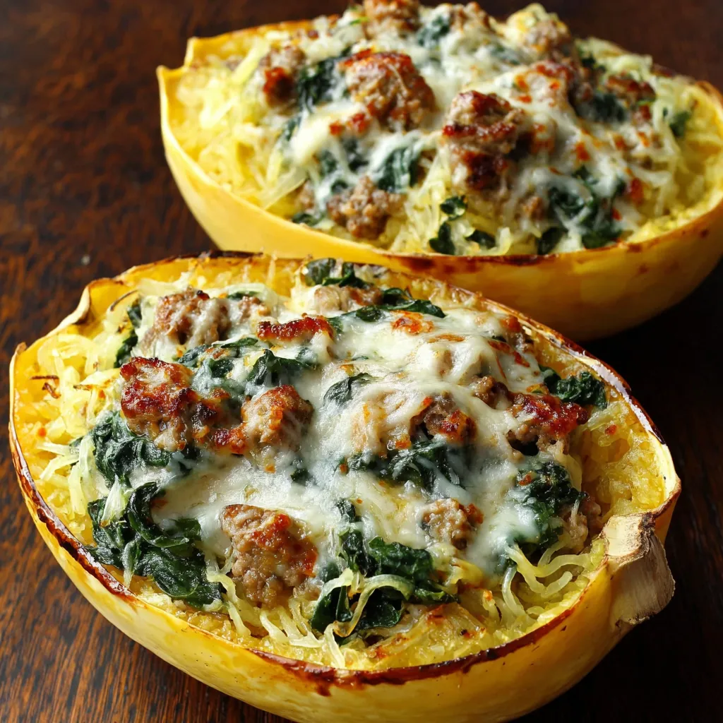 Close-up view of delicious, golden-brown Stuffed Spaghetti Squash Boats ready to be served as a healthy and flavorful meal.