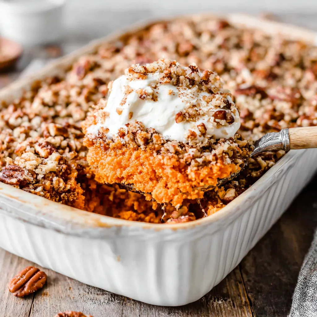Close-up of a freshly baked Sweet Potato Casserole with toasted marshmallows, ready to be served.
