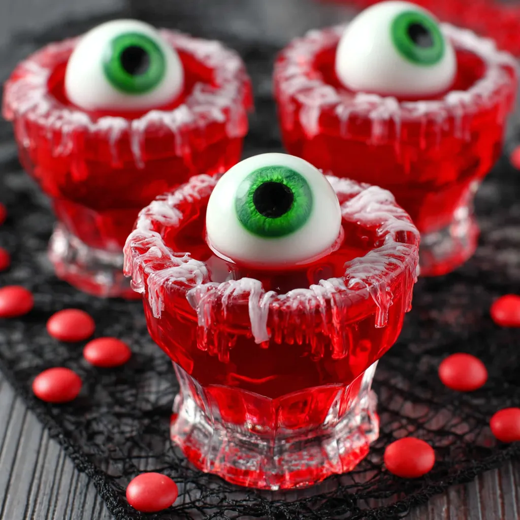 A close-up shows a tray of eerie and delicious Eyeball Jello Shots, perfect for a Halloween party.