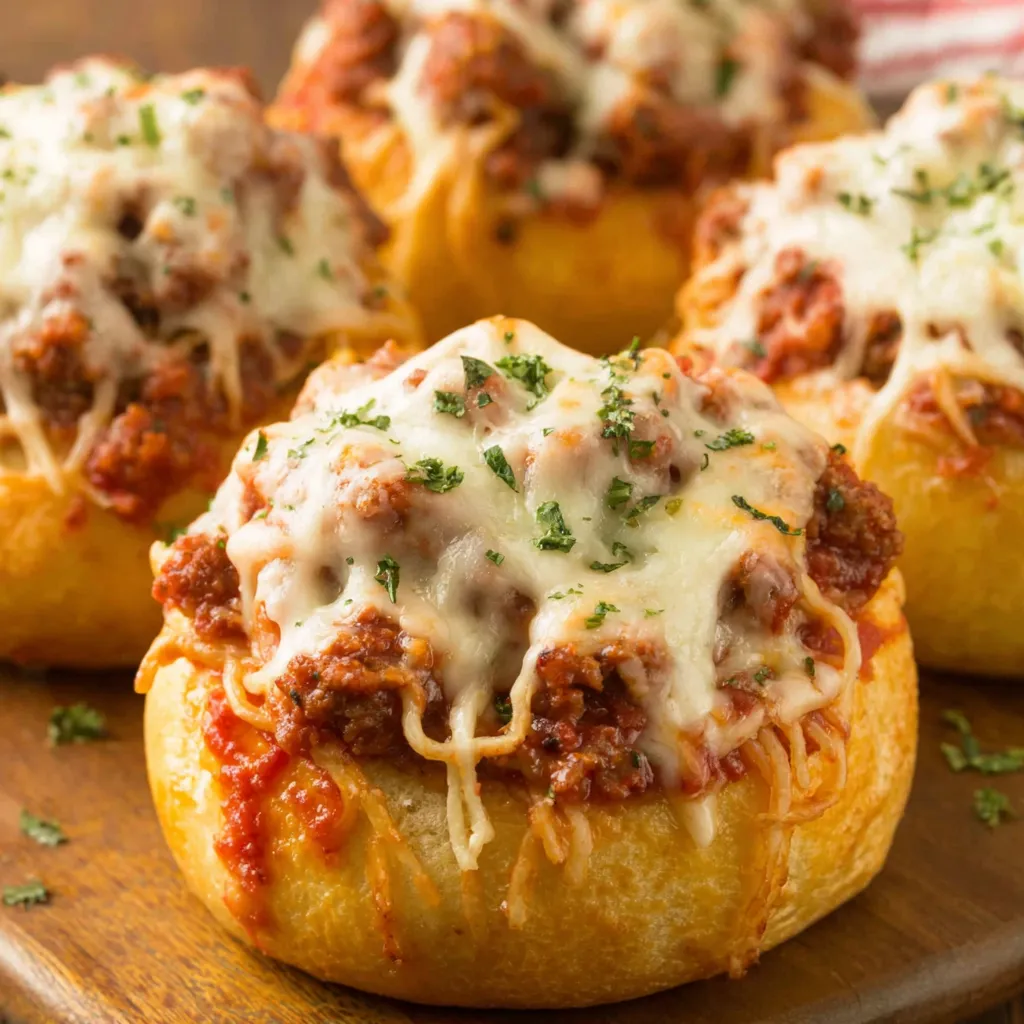 Garlic Bread Spaghetti Bowl Recipe Close-up of delicious Garlic Bread Spaghetti Bowls ready to be eaten.