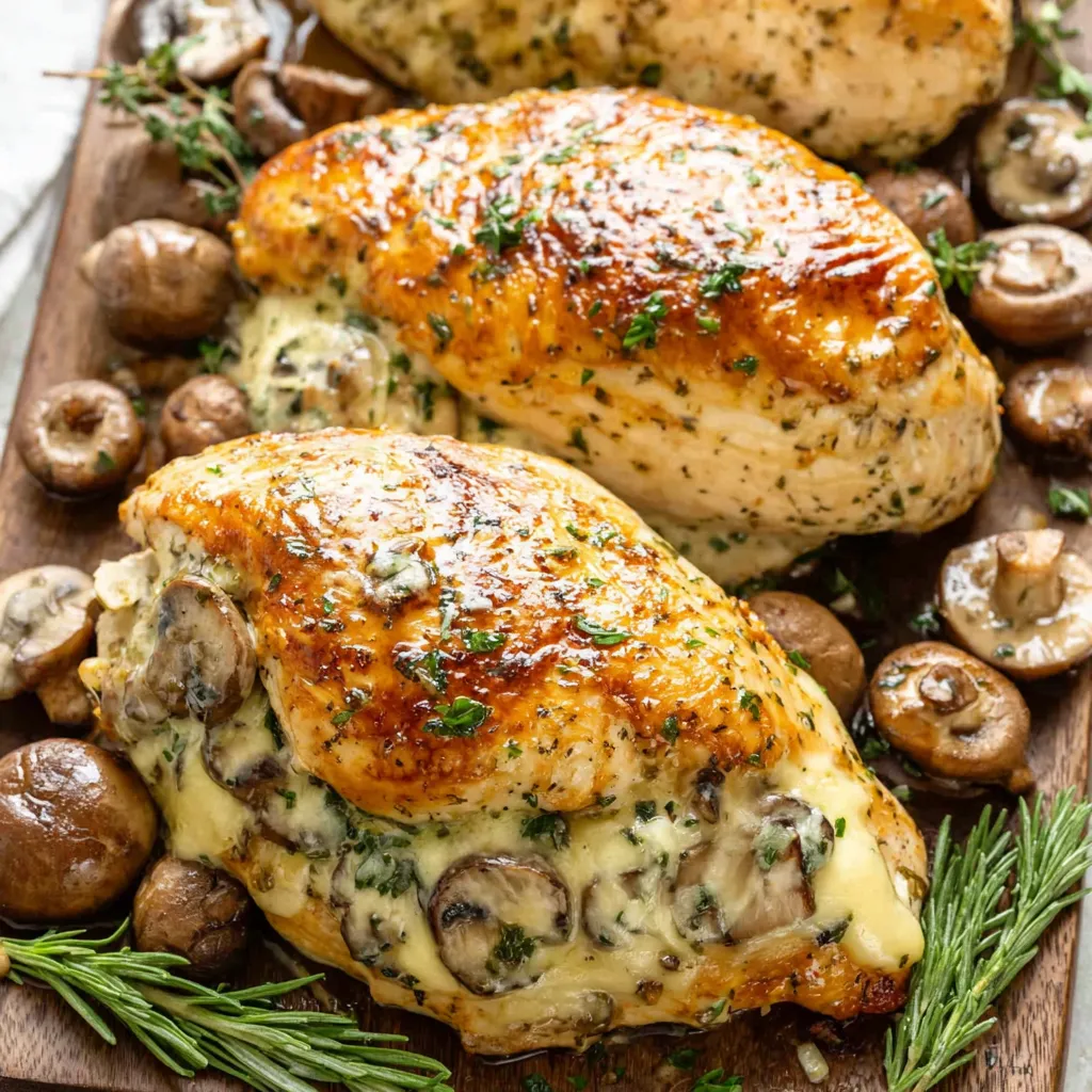 Garlic Butter Mushroom Chicken Recipe Close-up view of creamy Garlic Butter Mushroom Chicken served on a plate.