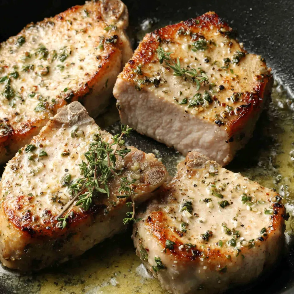 Close-up view of juicy Garlic Butter Pork Chops, glistening with melted butter and herbs.