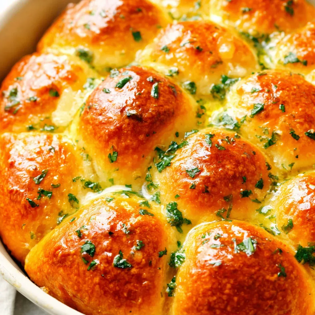 Close-up of freshly baked Garlic Butter Rolls, showcasing their golden-brown crust and buttery sheen.