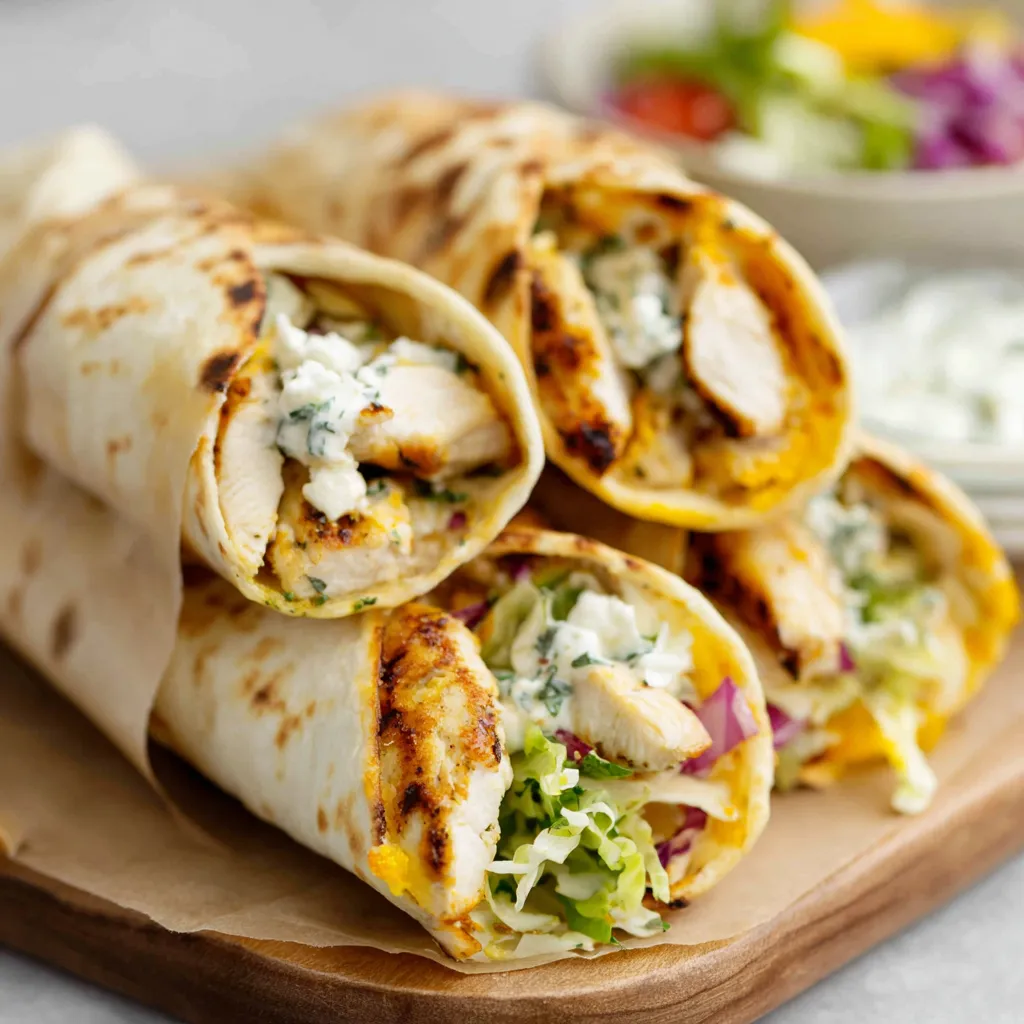 Garlic Cheese Chicken Wrap Recipe Close-up of delicious Garlic Cheese Chicken Wraps ready to be enjoyed.