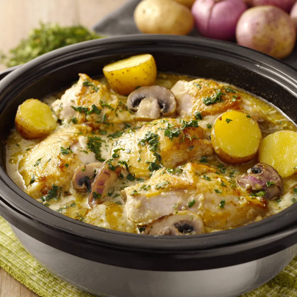 Garlic Parmesan Chicken Potatoes Recipe Close-up of creamy Garlic Parmesan Chicken Potatoes, showcasing the melted parmesan and tender chicken pieces.