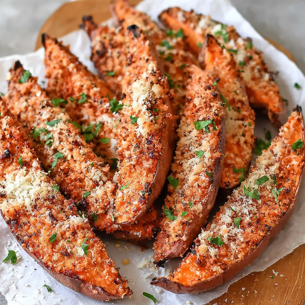 Close-up view of crispy Garlic Parmesan Sweet Potato Wedges, showcasing their golden-brown color and cheesy topping.