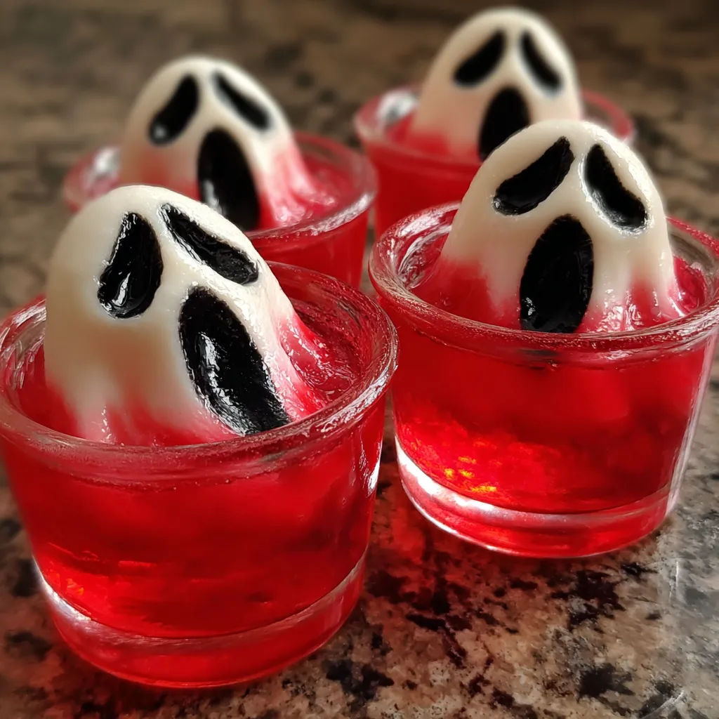 Spooky Ghostface Jello Shots Recipe A close-up shot shows the vibrant layers and ghostly face details of homemade Ghostface Jello Shots.