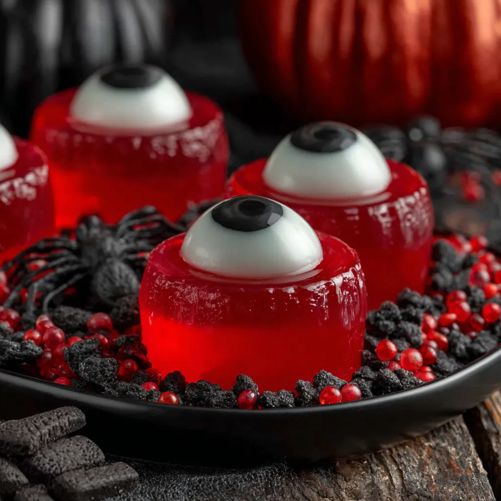 Close-up of finished Halloween Eyeball Jello Shots, showing the gelatinous eyeball suspended in colorful liquid.