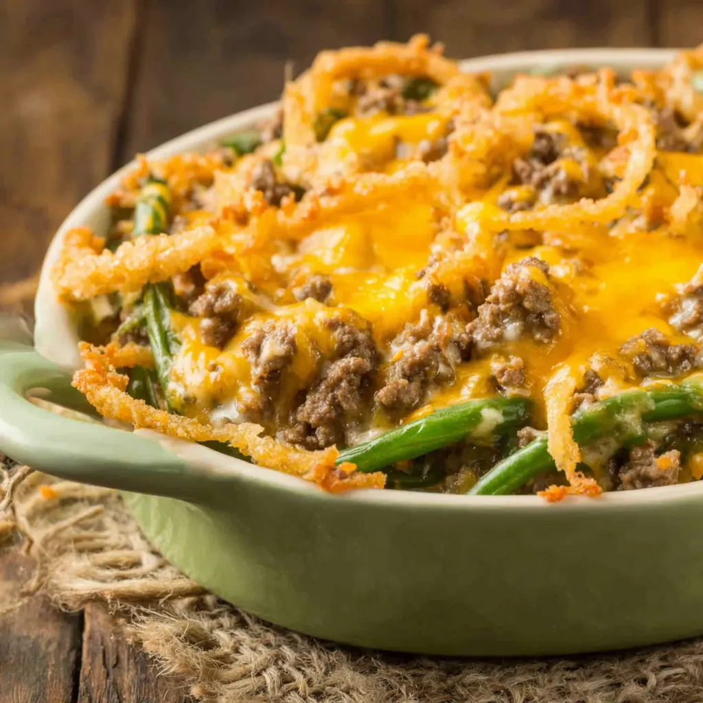 Hamburger Green Bean Casserole Recipe Another look at the finished Hamburger Green Bean Casserole, showcasing its creamy texture and golden-brown topping.