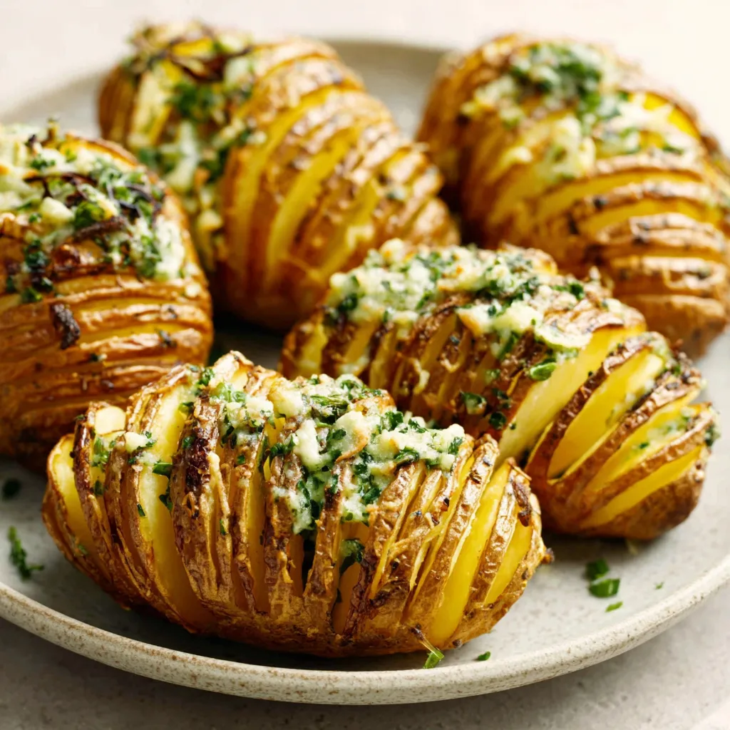 Close-up view of delicious and crispy Hasselback Potatoes, perfectly baked and ready to be served.