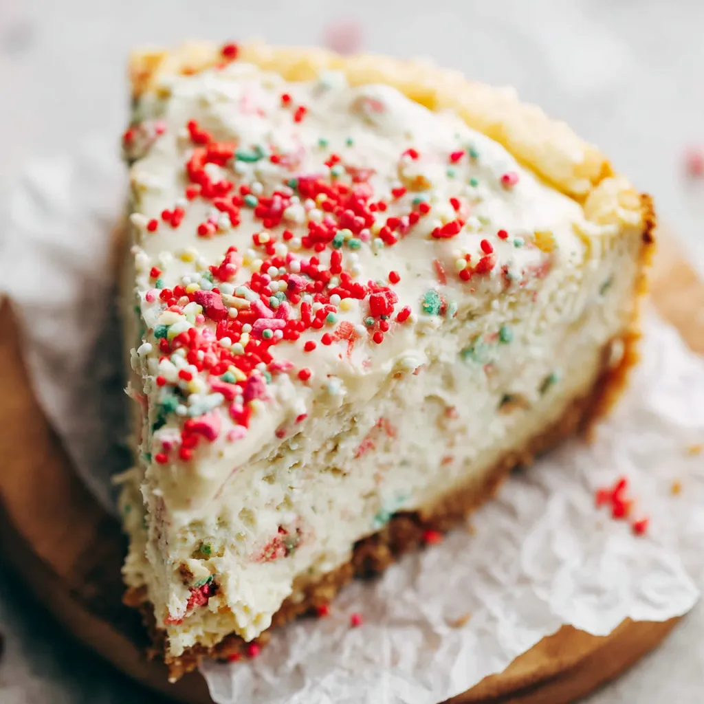 A close-up shot showcases a decadent slice of Sugar Cookie Cheesecake, highlighting its creamy layers and cookie crumb topping.