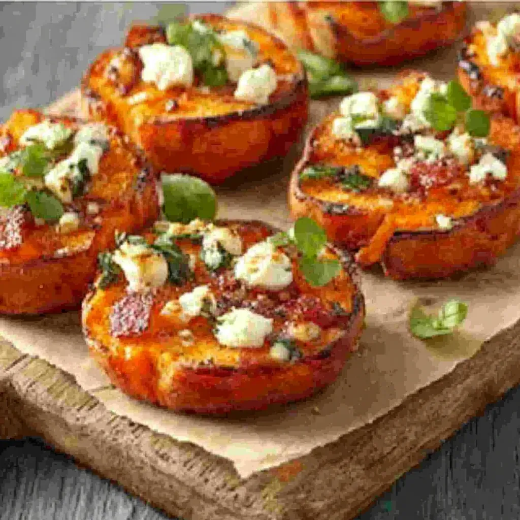 Close-up view of delicious Honey Feta Sweet Potato Rounds, showcasing the creamy feta and golden honey drizzle.