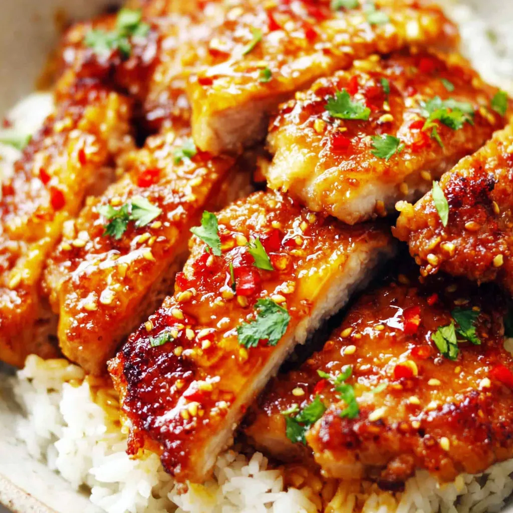 Honey Garlic Chicken Recipe Close-up view of delicious Honey Garlic Chicken glistening with sauce, ready to be served.