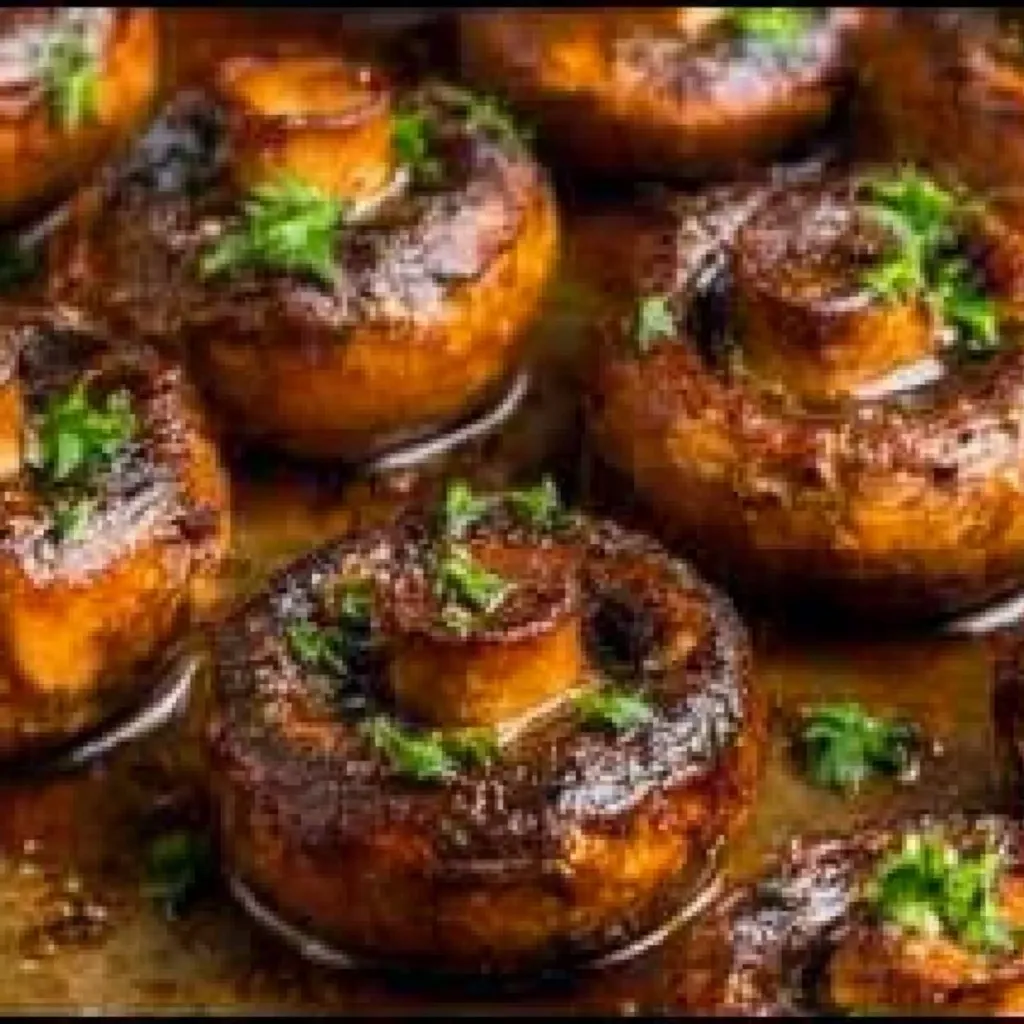 Close-up shot of glistening Honey Soy Mushrooms, ready to be served.
