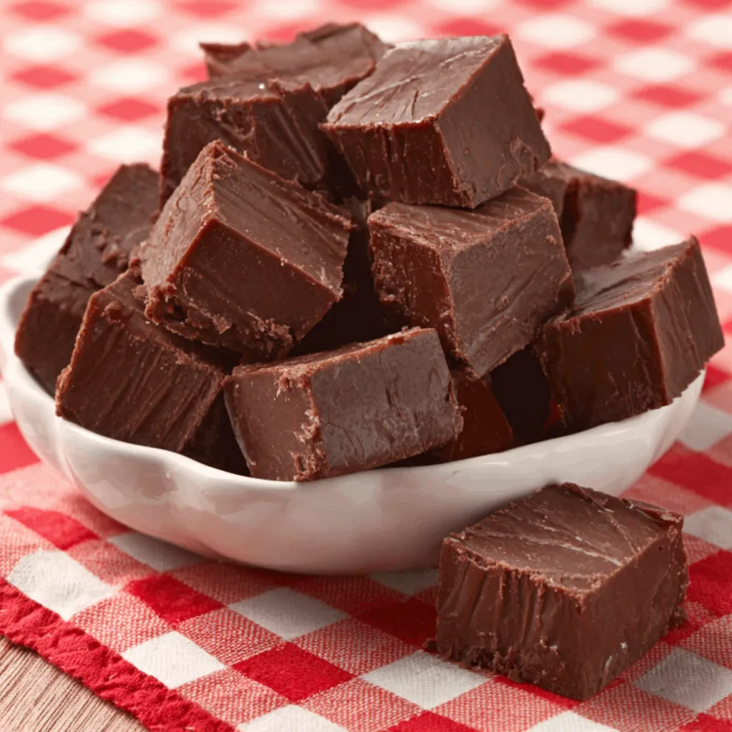 Close-up image showing a decadent piece of Fudge, highlighting its rich texture and inviting appearance.