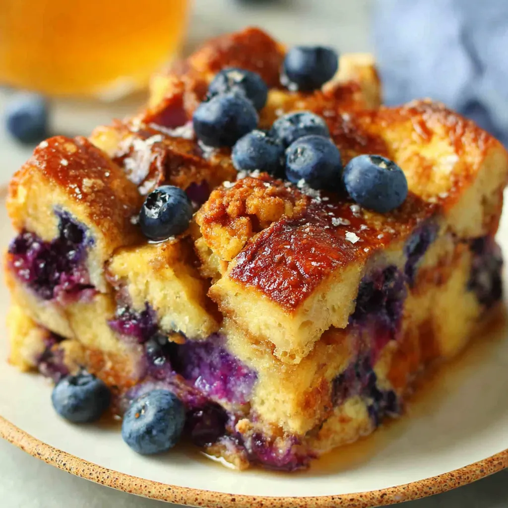 Close-up view of a freshly baked Blueberry French Toast Casserole, showing its golden-brown top and juicy blueberries.
