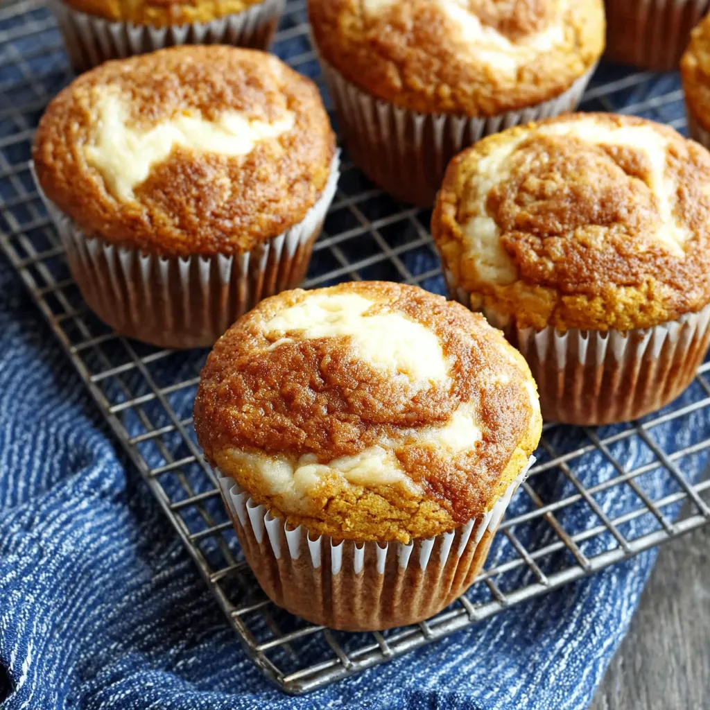 Cream Cheese Pumpkin Muffins Close Up Close-up of freshly baked Cream Cheese Filled Pumpkin Muffins showcasing their creamy filling and pumpkin spice.
