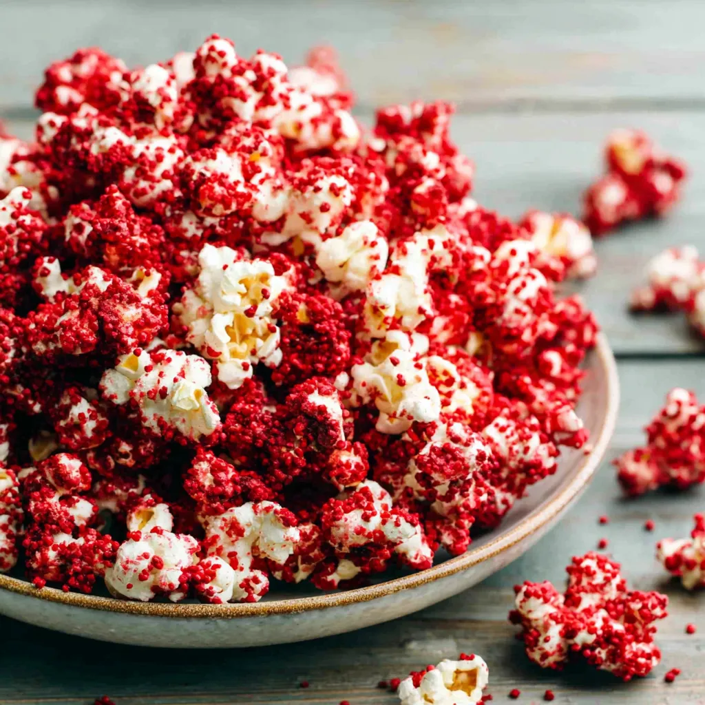 Close-up shot of delicious Red Velvet Popcorn, perfect for a sweet and savory snack.