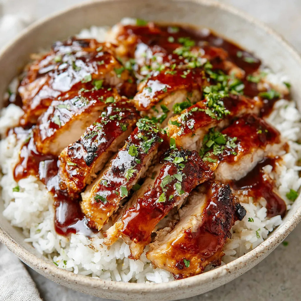 Sticky Chicken Rice Bowl Closeup Close-up shot of delicious Sticky Chicken Rice Bowls, showcasing the glistening chicken and rice.