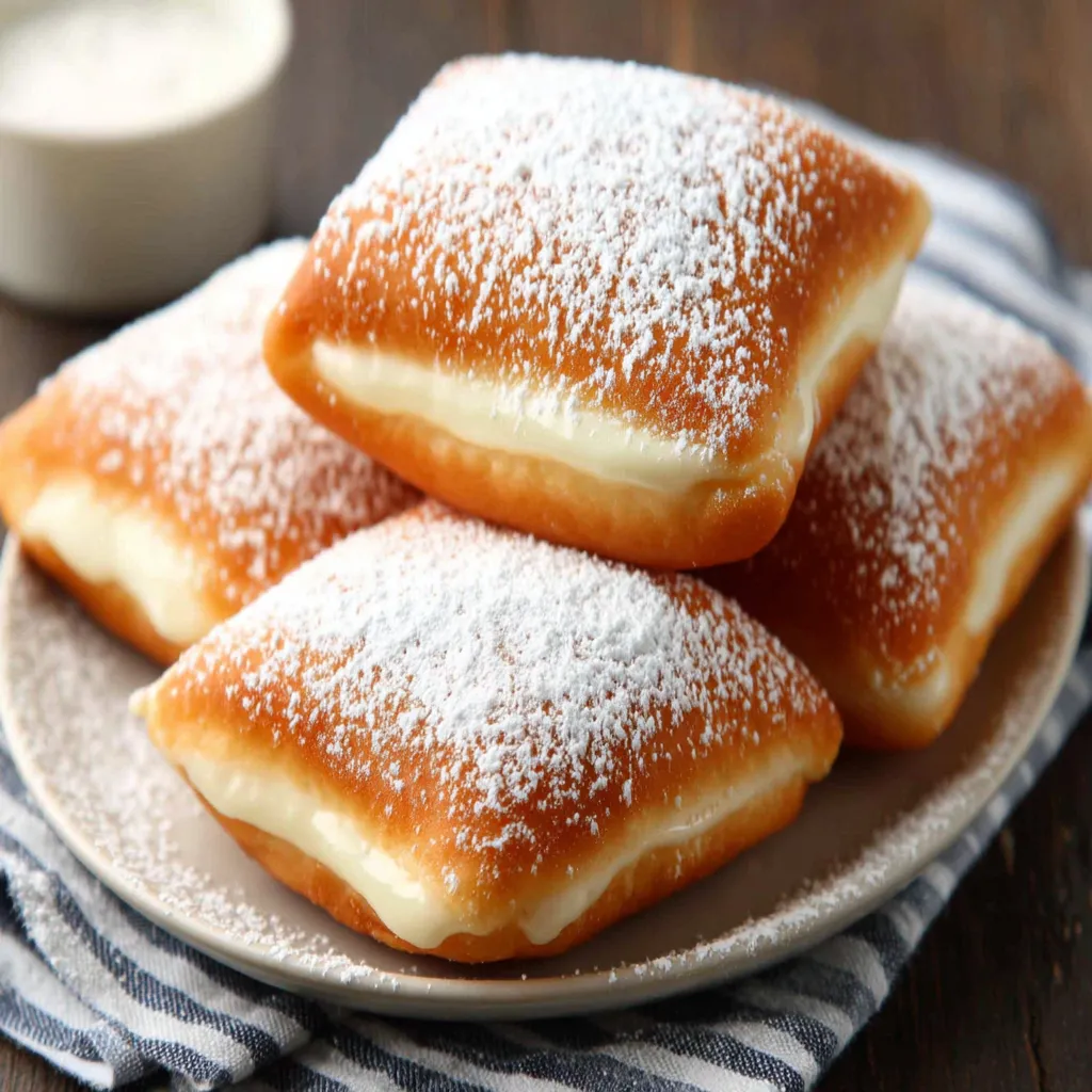 Close-up shot of freshly made Vanilla Beignets, dusted with powdered sugar and ready to eat.