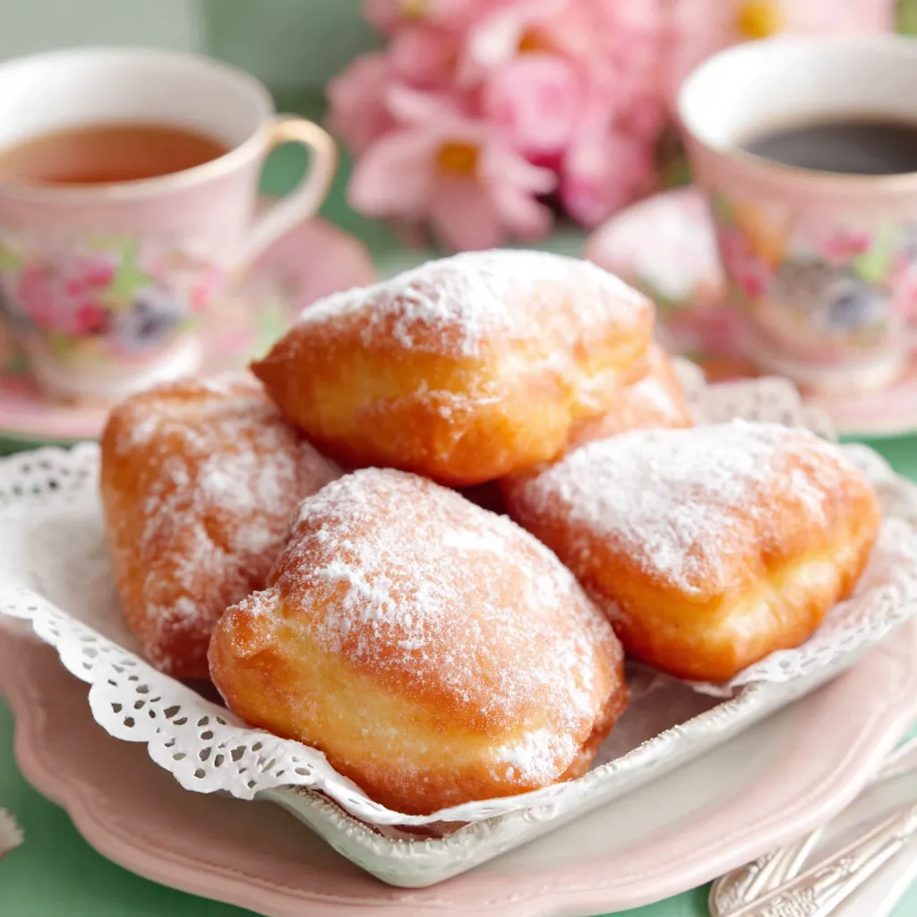 Close-up shot of freshly fried Vanilla French Beignets, dusted with powdered sugar and ready to eat.