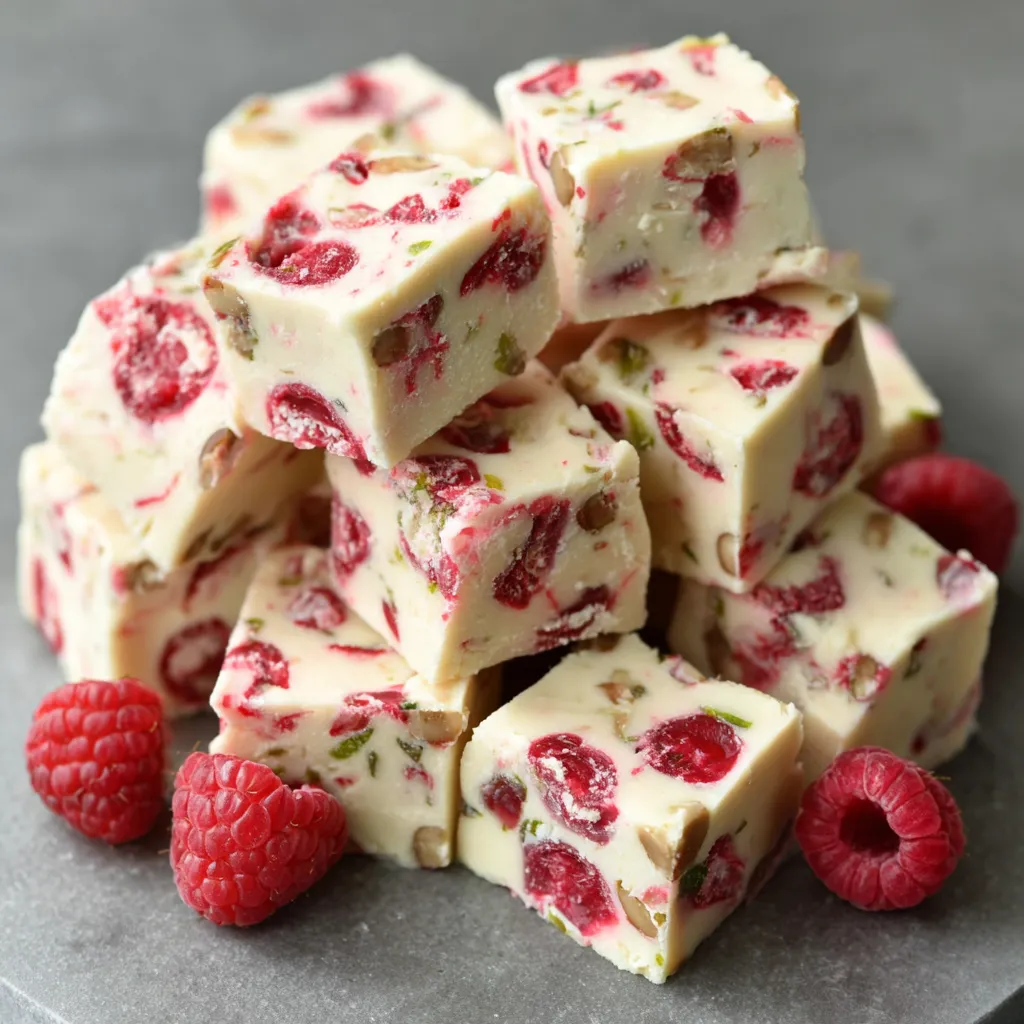 Close-up view of homemade White Chocolate Raspberry Fudge, showcasing its creamy texture and vibrant raspberry swirls.