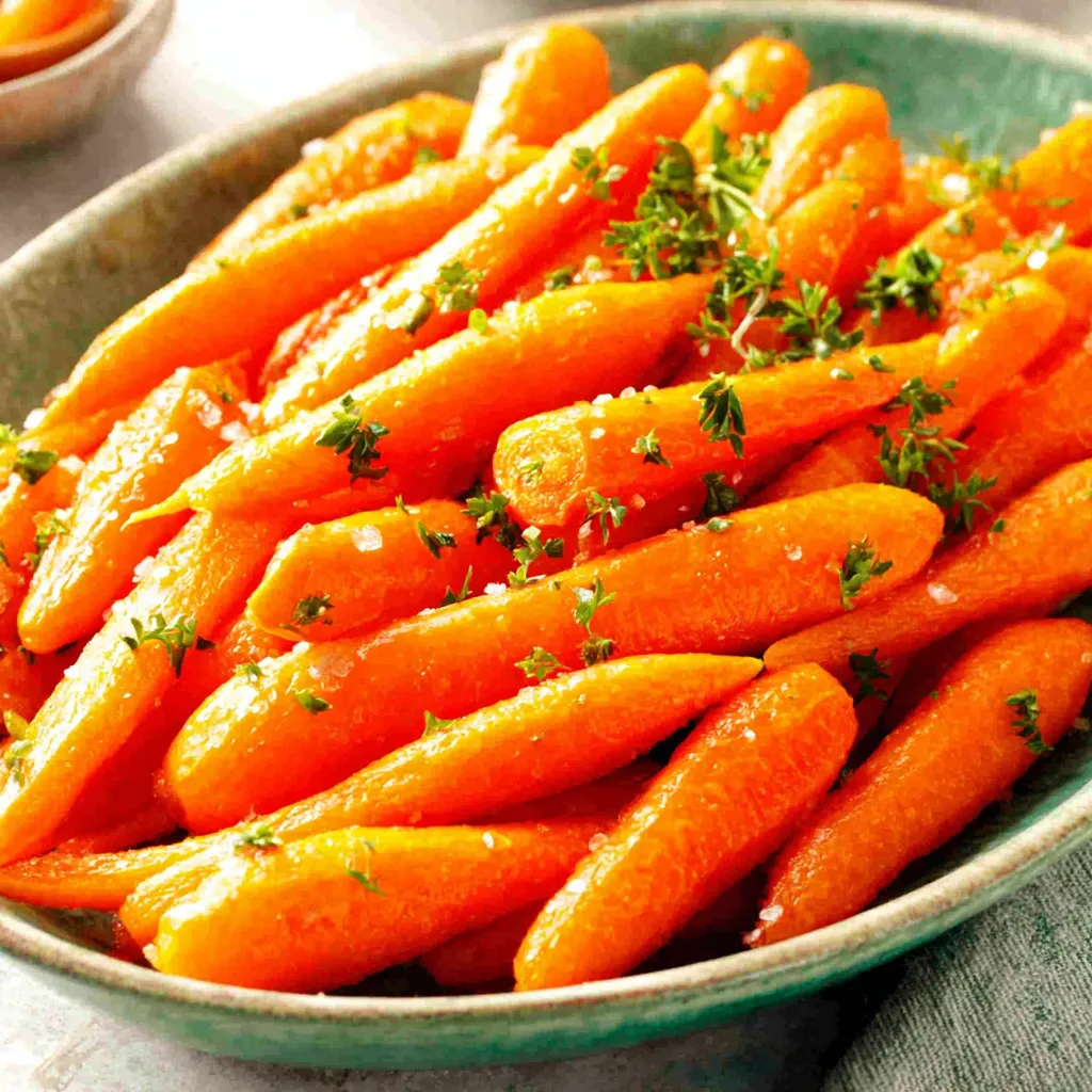 Close-up of glistening Maple Brown Sugar Glazed Carrots showcasing their rich color and texture.