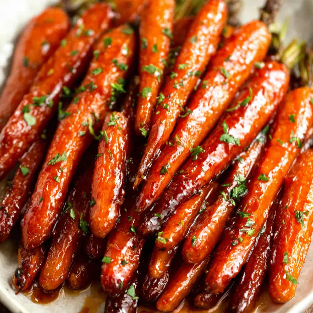 Close-up of glistening Maple Brown Sugar Glazed Carrots, showcasing their rich color and sticky glaze.