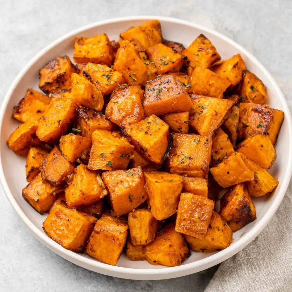 Maple Walnut Sweet Potato Side Dish Close-up of Maple Walnut Sweet Potatoes, showcasing the caramelized glaze and chopped walnuts.