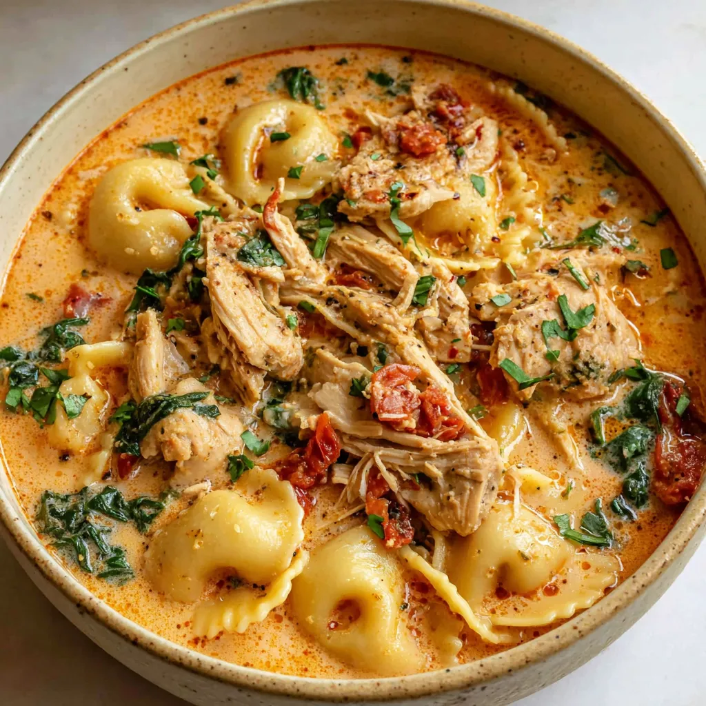 Marry Me Chicken Soup Recipe A close-up shows a creamy bowl of Marry Me Chicken Soup with visible chicken pieces, herbs, and a rich, golden broth.