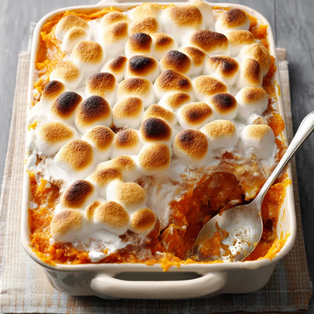 Marshmallow Sweet Potato Casserole Recipe Close-up view of a freshly baked Marshmallow Sweet Potato Casserole with toasted marshmallows on top.